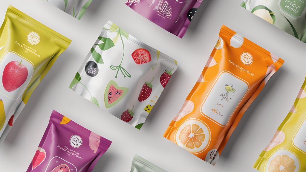 Variety colorful food packages with fruits berries white background packages are all different colors