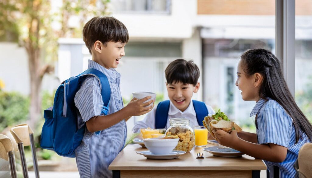 Busy morning scene with children eating breakfast grabbing backpacks