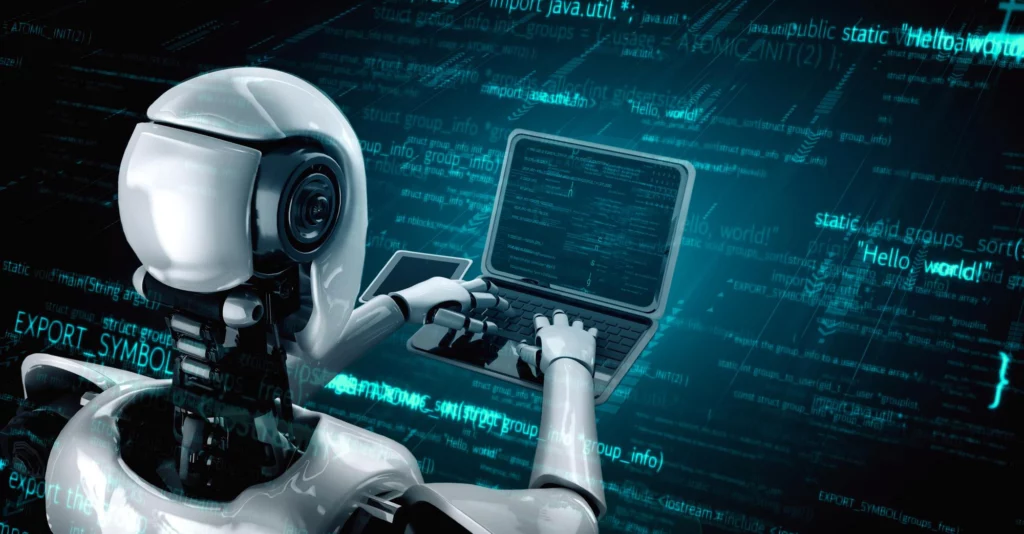 人工智慧機器人使用筆電編寫程式碼與數據畫面的科技概念圖